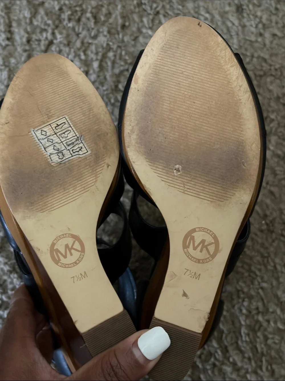 Michael Kors Black Leather Peep-Toe Wedge Sandals with Gold Zip Accent